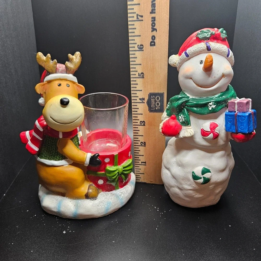 Christmas Snowman Figurine & Reindeer‎ Tealight Holder Set Holiday Decor